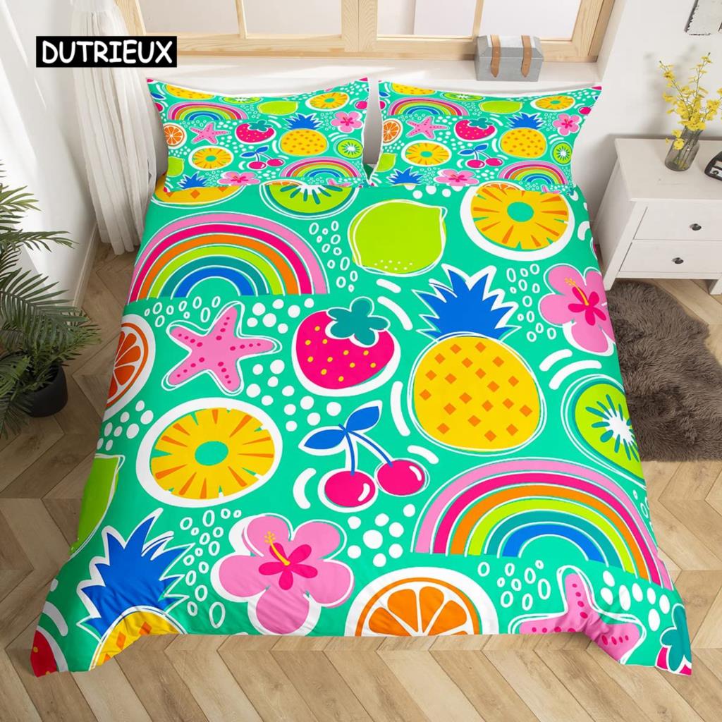 Пододеяльник Rainbow Kawaii Tropical Fruits Комплект постельного белья Ананас Киви Лимон Пончик Апельсин Вишня Клубника Покрывало для одеяла