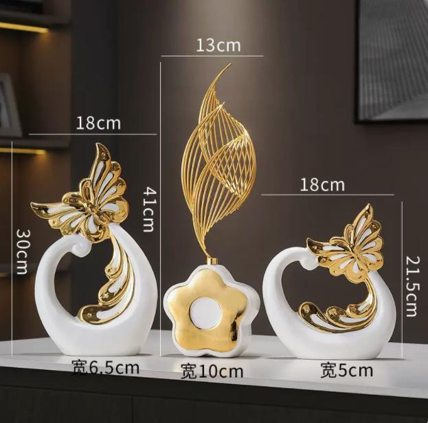 Luxury Golden Butterflies Rise Water Ceramic Ornaments Home room Bookcase Figurines Decoraion Office Desktop Sculpture Crafts