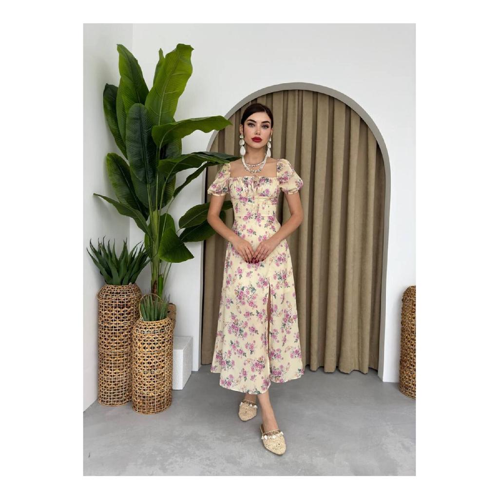 Women's Slit Loose Cut Skirt Collar Tie Detail Short Sleeve Blue Floral White Summer Dress