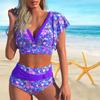 Женский купальник с кружевными рукавами и фиолетовым маленьким цветочным принтом, бикини, короткая майка, купальник