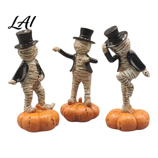 Halloween Sand Table Landscaping Dancing Mummy Figurines with Pumpkin Base Funny Gentleman Top Ornament Hat Statue Spooky Tabletop Decor for