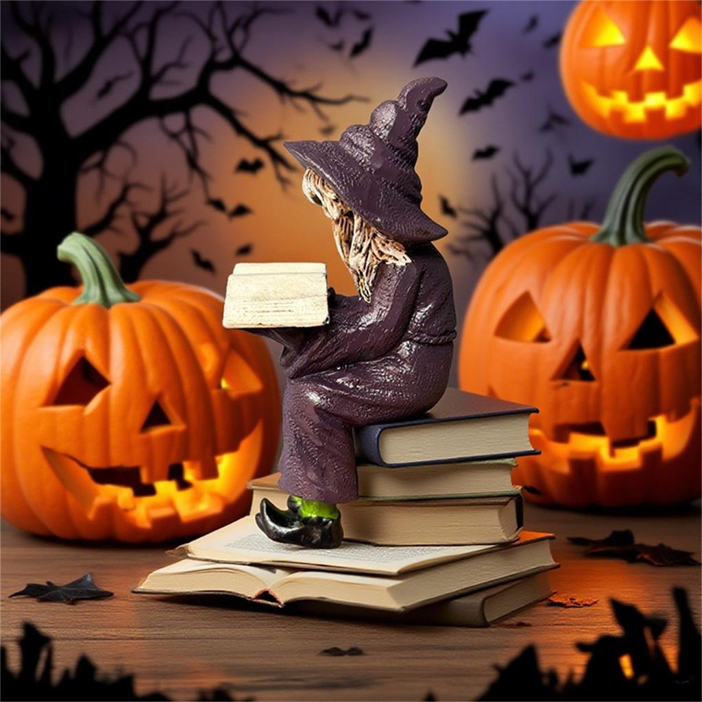 Halloween Witch Reading Book Resin Statue Ornaments, Handicraft Home Decoration Desktop Ornaments Gift