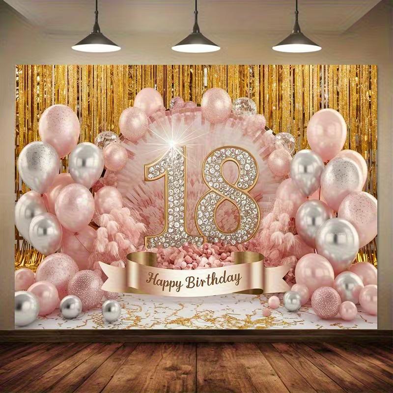Двумерный фон для 18-летия, розовое золото, блестящая шторка, фон для вечеринки
