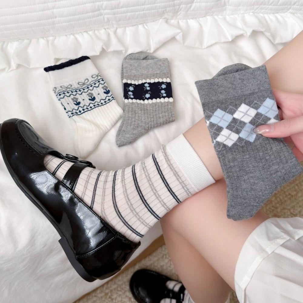 New Korean Style Cotton Socks Small Flower Light Mid-calf Socks Grey Checkered Breathable Boneless Pile Socks Spring Summer