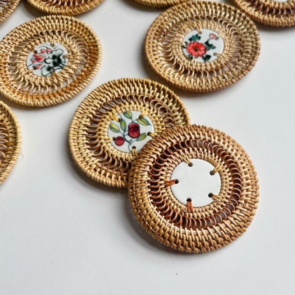 Rattan Weaving Teacup Mat Handmade Drink Cup Mat Vietnamese Rattan Ceramic Coaster Bar