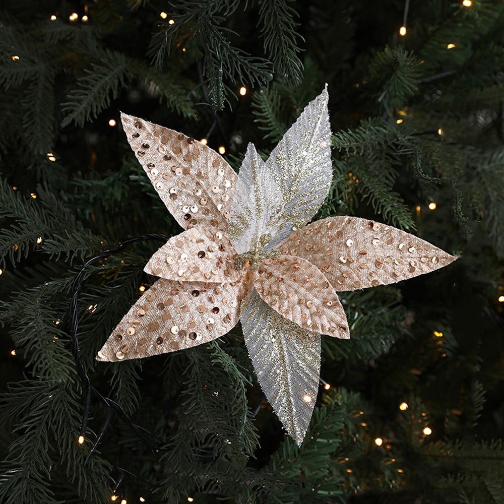 25cm Christmas Artificial Flowers Sequin Mesh Handmade Poinsettia Flower Realistic Decorative Simulation Glitter Flower