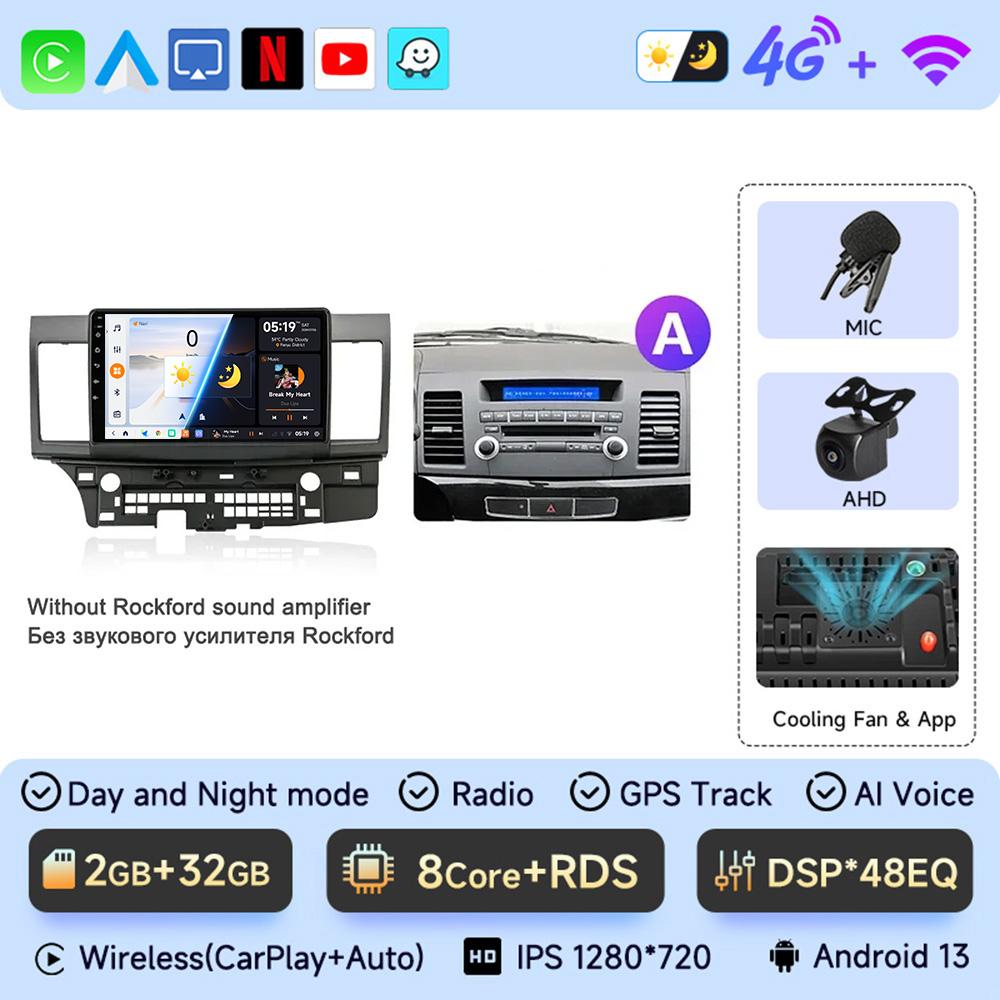 JIUYIN Автомагнитола для Mitsubishi Lancer 10 CY 2007 - 2017 Android 13 Carplay Мультимедийный Видеоплеер 2 Din GPS IPS 4G Стерео DVD