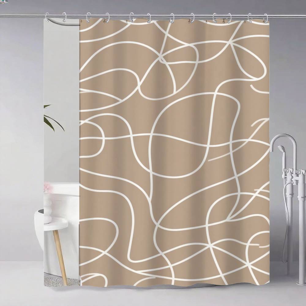Soft Curvy Line Geometric Minimalist Patterns Shower Curtain, Bathroom Decorative Shower Curtain, Waterproof Curtain With Hooks