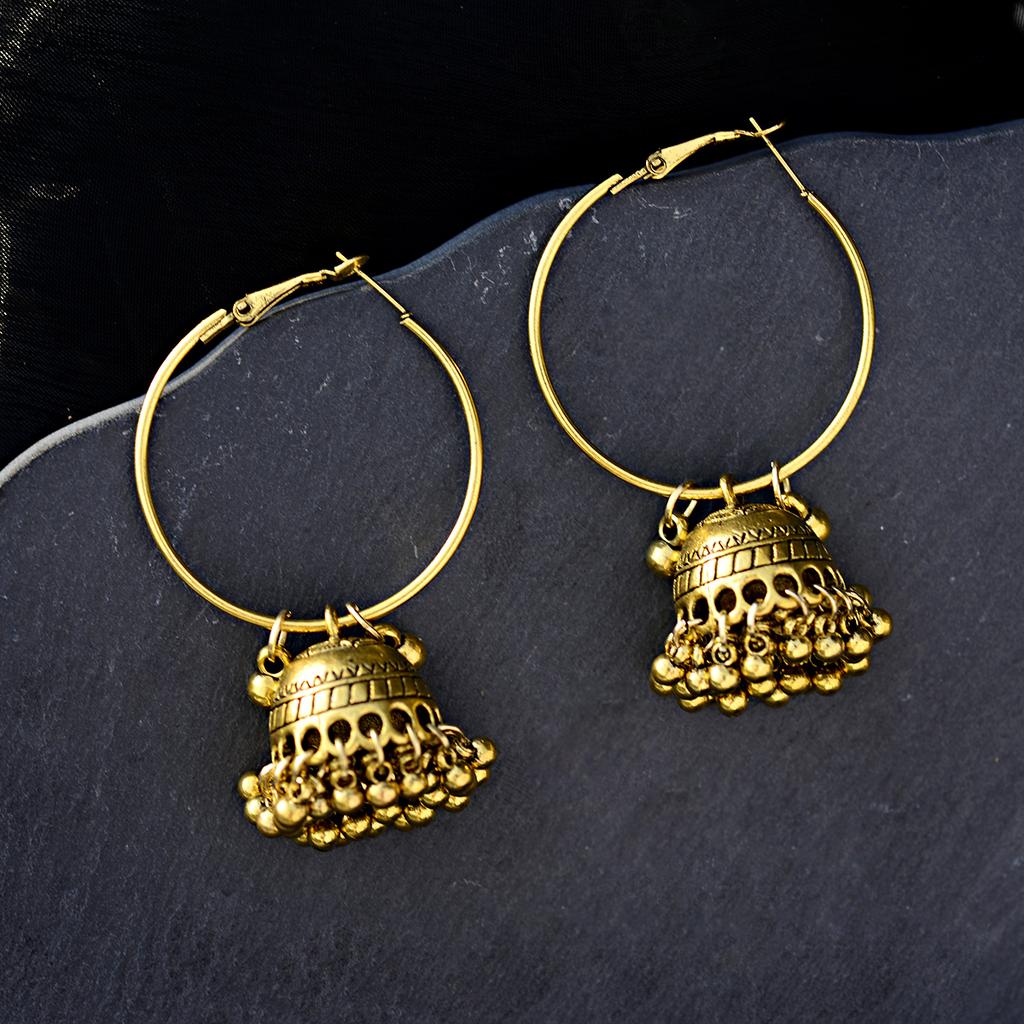 Women‘s Boho Ethnic Gold Copper Plated Jhumka Indian Earring Gypsy Zircon Vintage Big Bells Dangle Hanging Earrings For Women