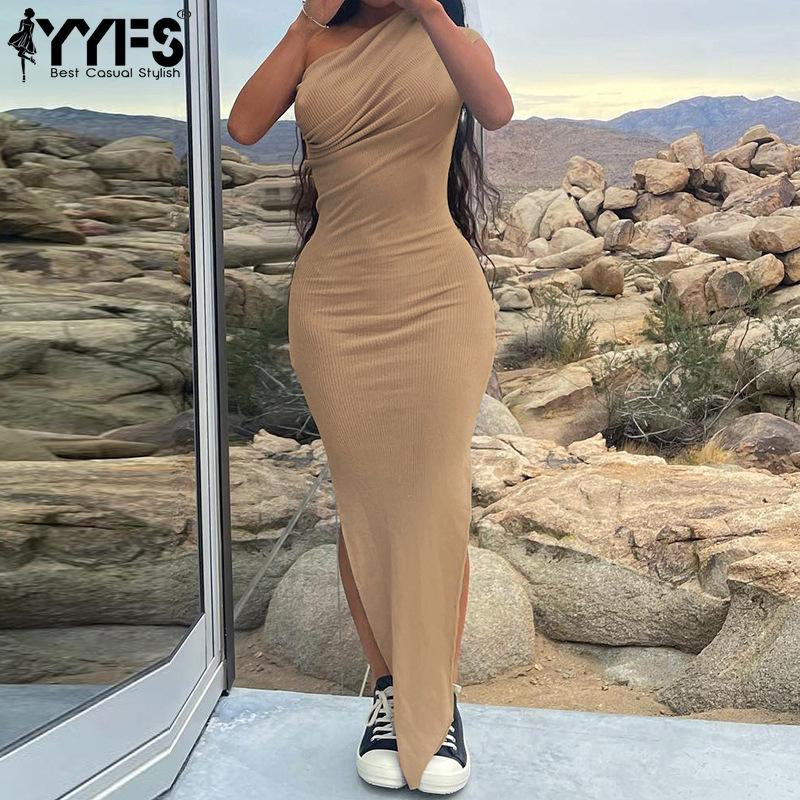 YYFS Женская мода лето весна однотонный принт без рукавов косой воротник высокая талия повседневные платья