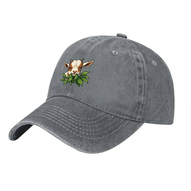 Goat Face Embroidered Washed Cotton Baseball Cap Classic Black Adjustable Hat with Green Leaves Design for Unisex and Women