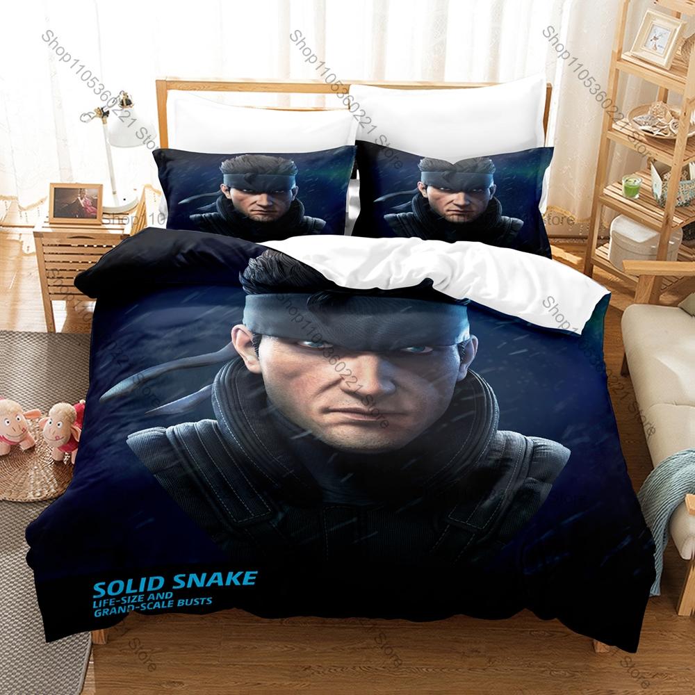 Metal Gear Solid Solid Snake Duvet Cover + 2 Pillowcases Camo Solid Snake Tactical Graphic 3Pcs Zipper Quilt Cover Retro Stealth