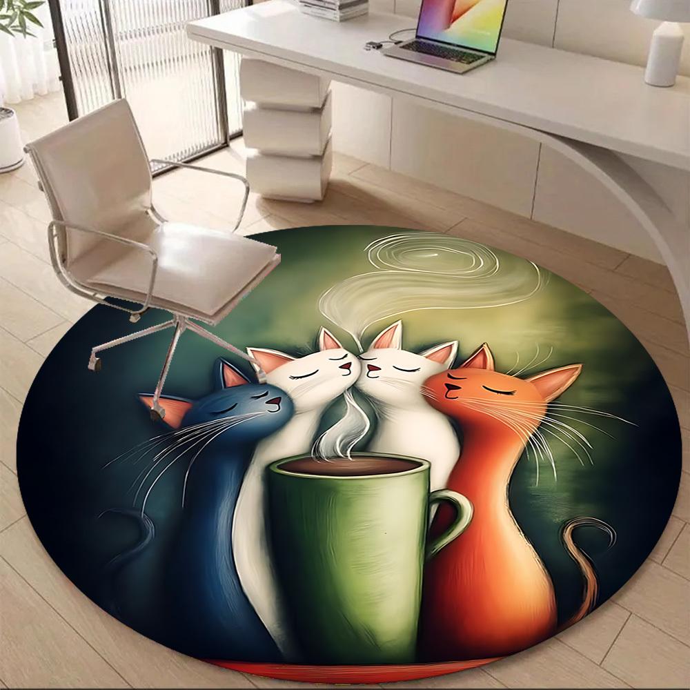 1pc Cats Coffee Office Round Area Rug, Indoor Mat Suitable ForOffice, Under Office Chairs Bedroom Living Room Home Decor, Room Deco D042