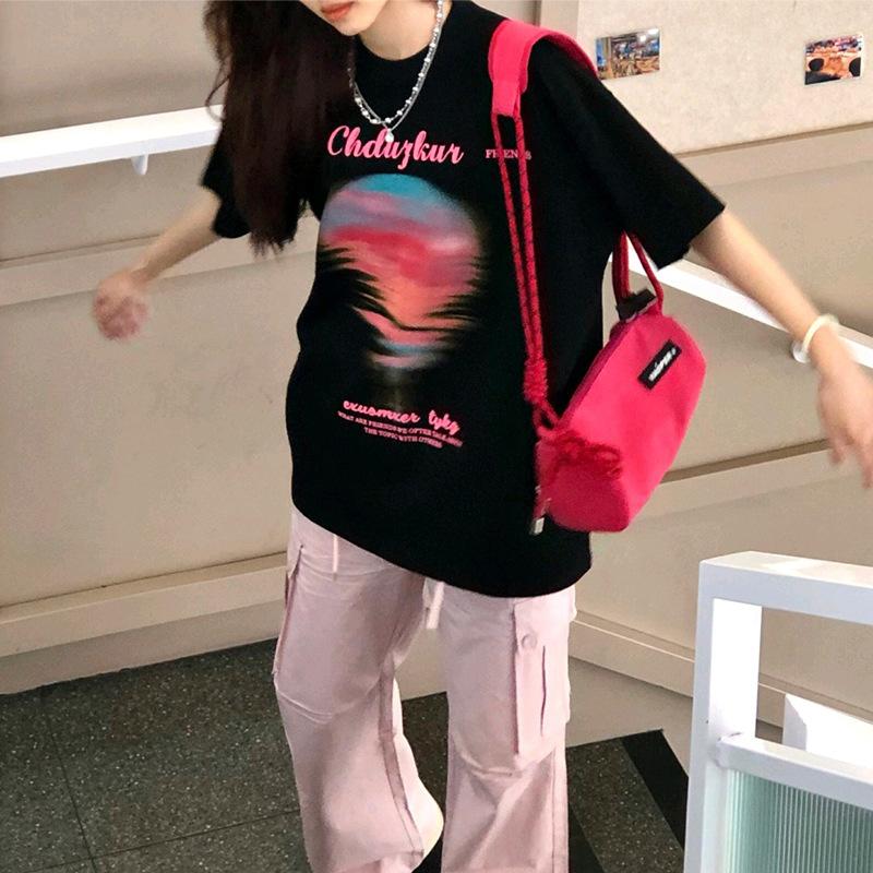 2023 лето новый чистый хлопок tide бренд американская ниша закат печать y2k свободная футболка женская милые и крутые малышки короткие рукава