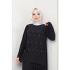 Women's Black Sandy Front Stone Embroidered Blouse Skirt Pleated Double Hijab Skirt Set