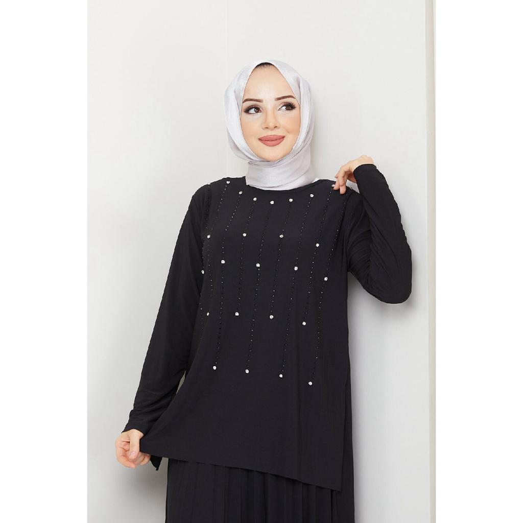 Women's Black Sandy Front Stone Embroidered Blouse Skirt Pleated Double Hijab Skirt Set