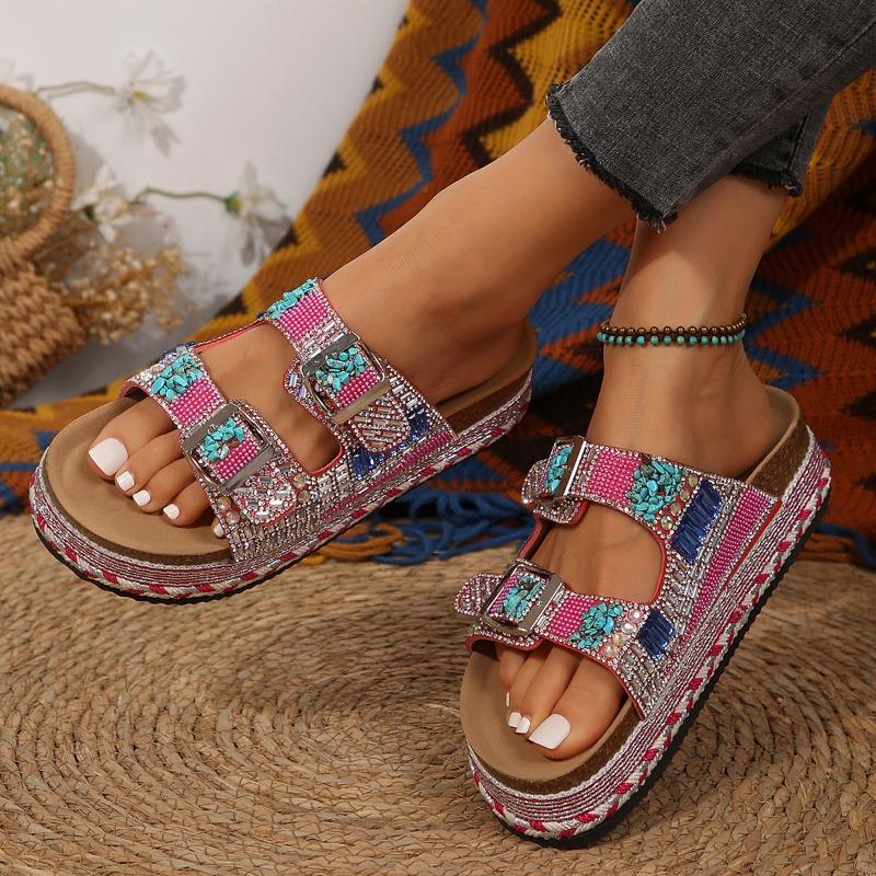 Fashion Retro Thick Bottom Double Buckle Rhinestone Cork Slippers Women's Casual Slippers Omns Lippers