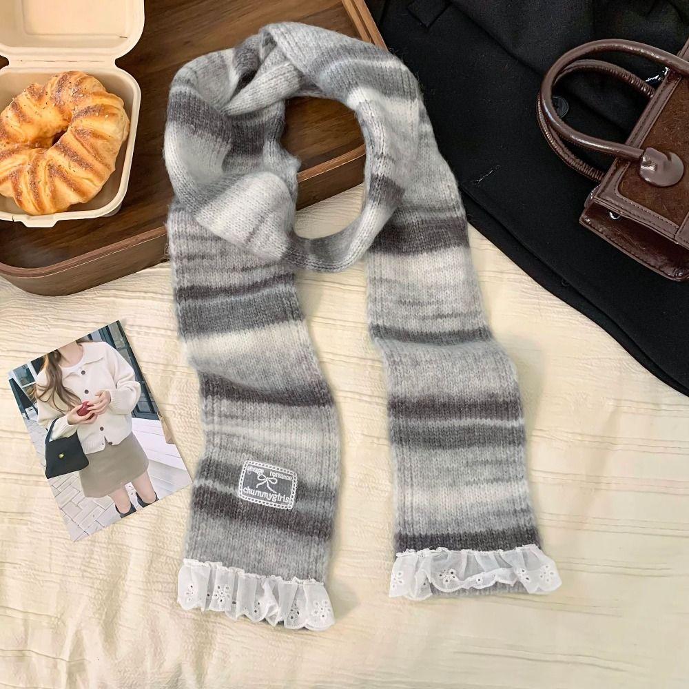 Lace Rainbow Striped Scarf Plush Winter Shawl Fashion Cashmere Knitted Scarf  Daily
