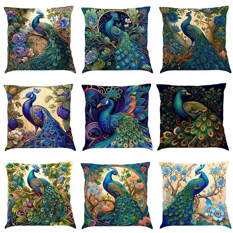 Наволочка на подушку с масляной живописью в скандинавском стиле, павлин, 45x45см, хлопок-лен, чехол для диванной подушки, наволочка для домашнего декора
