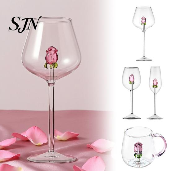 Luxury Glassware for Parties Red Wine Glass with Roses And Green Leaves Decorated, Clear Exquisite Rose Design Goblet Decorative Glass,