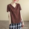 Summer New Short-sleeved T-shirt Women's Loose V-neck Casual Patch Bottoming Shirt Top Literary Comfort Loose