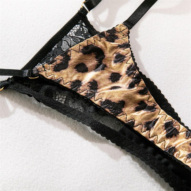 Aduloty Женское сексуальное нижнее белье, тонкая сетка, перспективный леопардовый узор, кружевное эротическое нижнее белье, бюстгальтер на косточках, комплект из трех