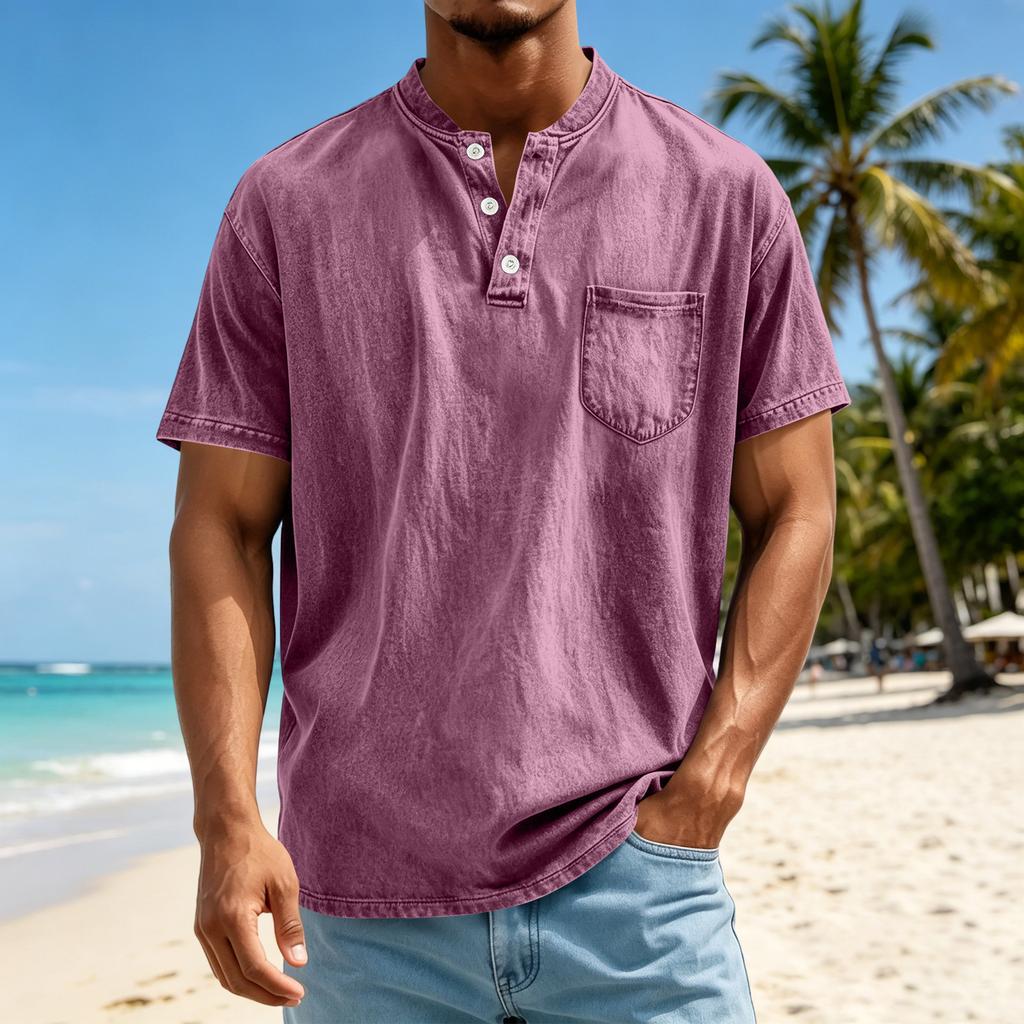 Мужская повседневная футболка-henley с коротким рукавом, легкая, дышащая, с пуговицами, карманом, топ
