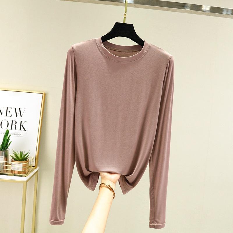 Модальная однотонная базовая футболка с круглым вырезом и длинными рукавами, женские осенние футболки, универсальные футболки, майка больших размеров