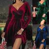 Autumn Winter New Women's Christmas Dress V-Neck Velvet Long Sleeve Sexy Waist-Defined Mini Dress Velvet Skirt Holiday Dress