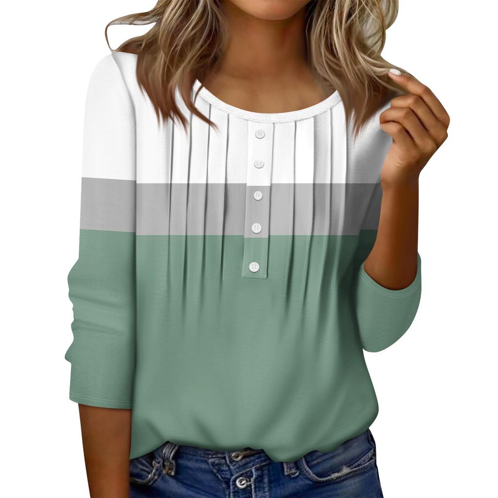 Женский топ с круглым вырезом, декоративными пуговицами и полосками, повседневная футболка однотонного цвета с рукавом 3/4