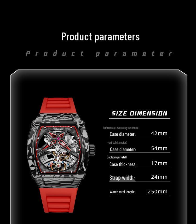 Водонепроницаемые мужские механические часы Durham Yao - Корпус из сплава бочкообразной формы с дизайном из углеродного волокна и скелетонизированным циферблатом