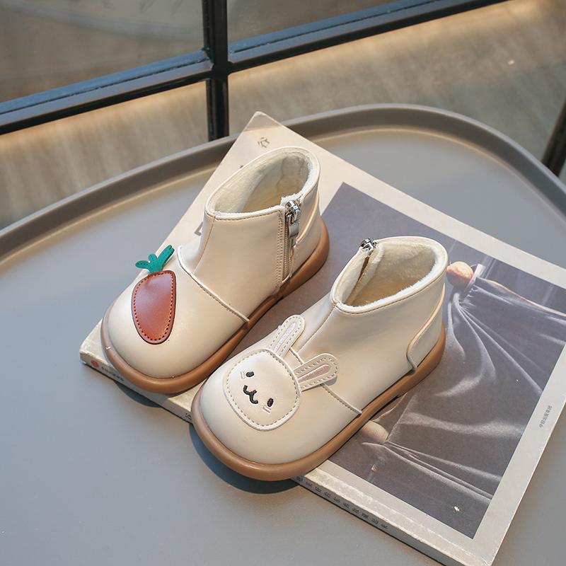 Детские зимние сапоги, милые сапоги для девочек с кроликом, зимние модные детские повседневные теплые хлопковые сапоги по щиколотку с нескользящей боковой молнией
