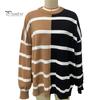 Осенне-весенний женский свитшот с цветным полосатым принтом и круглым вырезом, свободный трикотажный свитер средней длины, повседневная одежда, топ