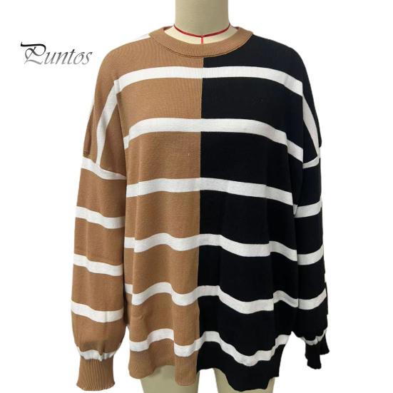 Осенне-весенний женский свитшот с цветным полосатым принтом и круглым вырезом, свободный трикотажный свитер средней длины, повседневная одежда, топ