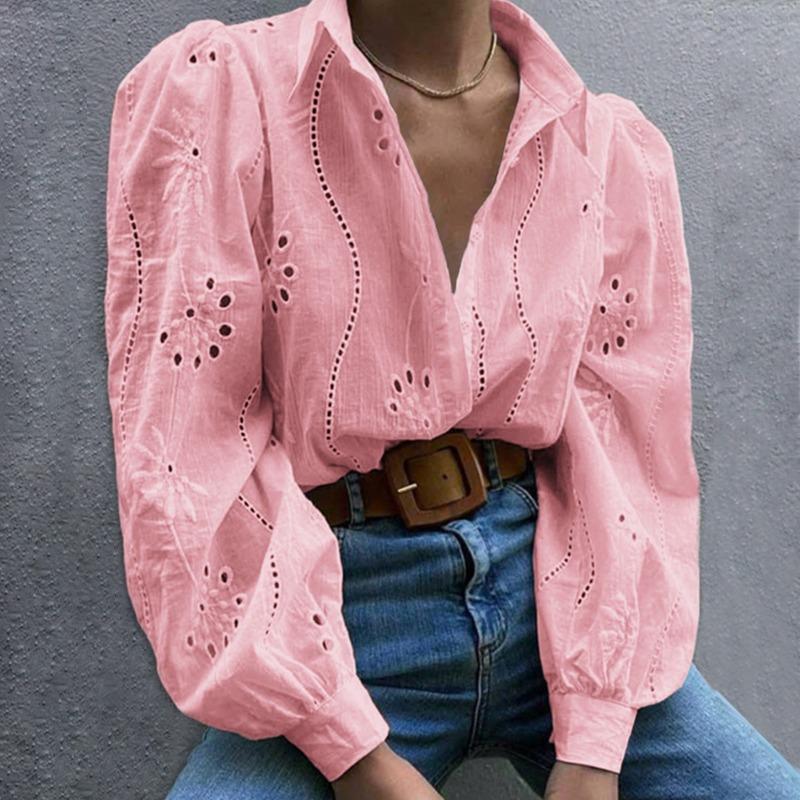 Elegant Loose Fashion Lace Women Shirt Casual Hollow Out Puff Long Sleeve Top Single-breasted Office Blouse Solid Sweet Simple Lapel Women's Clothing