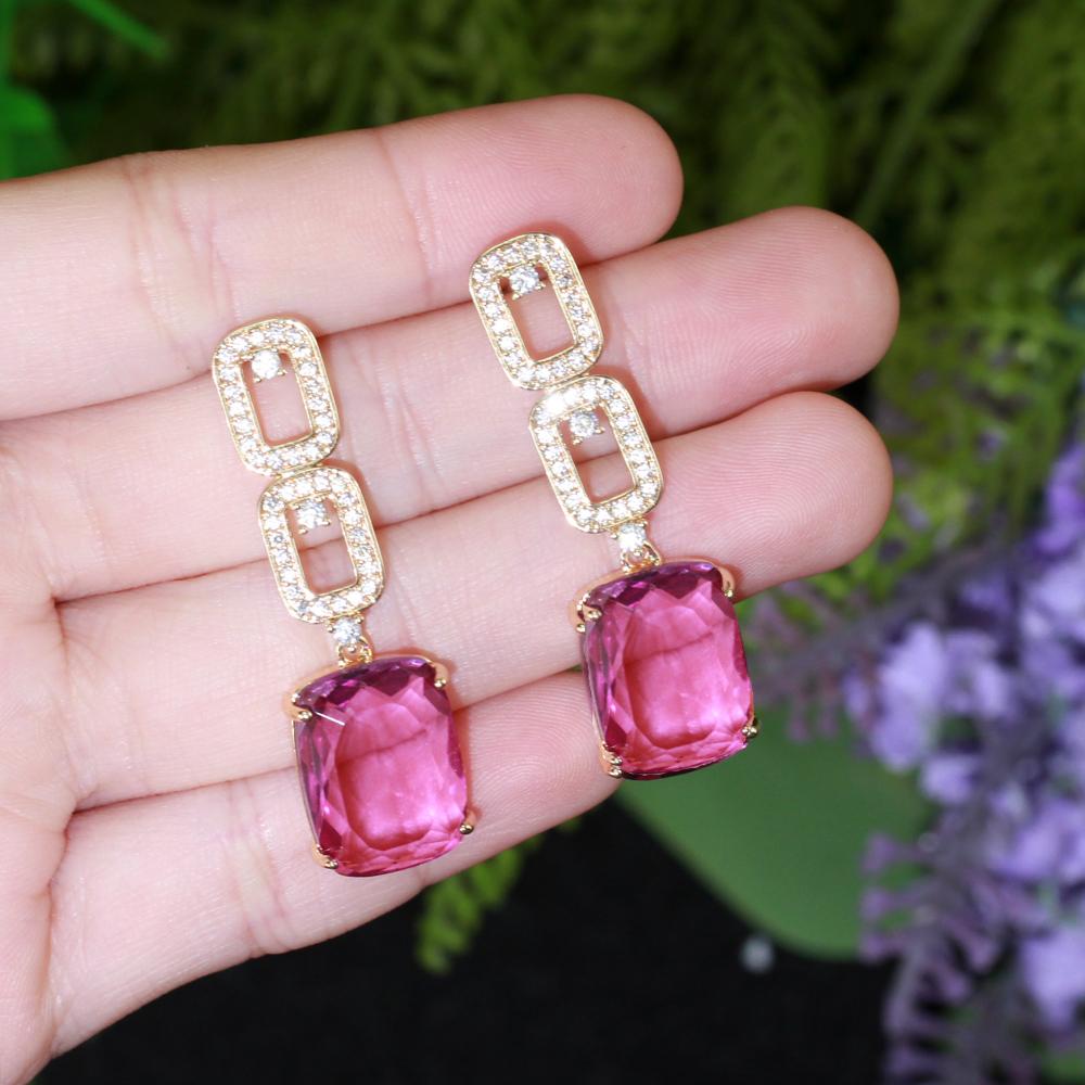 CMM Noble Gold Color Jewelry Square Zirconia Drop Earrings