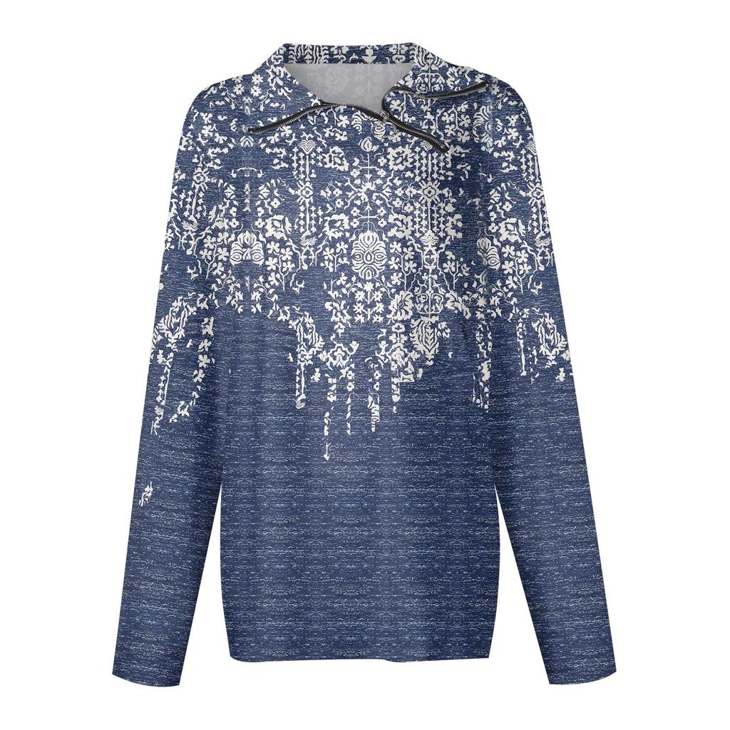 Женский осенне-зимний топ с застежкой-молнией, повседневный топ с длинными рукавами и цветочным принтом в стиле ретро