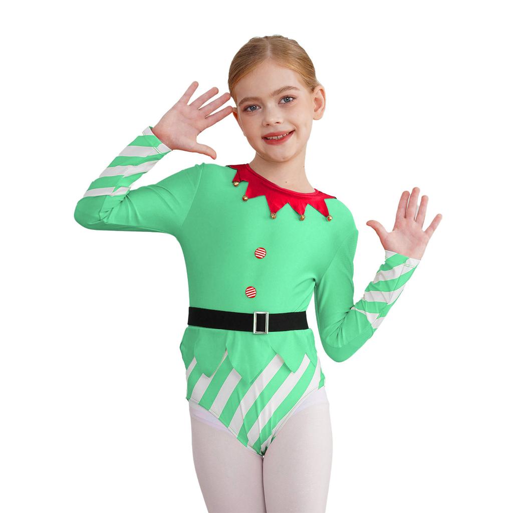 Kids Dance Leotard Christmas Costume Long Sleeve Stripes Brass Bells Belt Athletic Wear