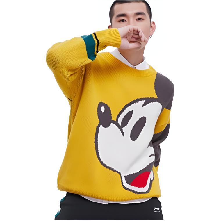 Li Ning X Disney Mickey свободный крой круглый вырез свитер мужской свитер желтый AMBP005-2