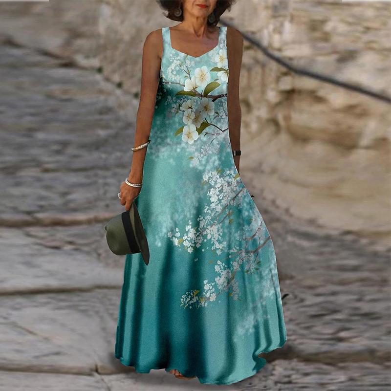 Women's Camisole Dress Maxi Long Dress White Peach Blossom Print Dress Spring/summer V-neck Leisure Vacation