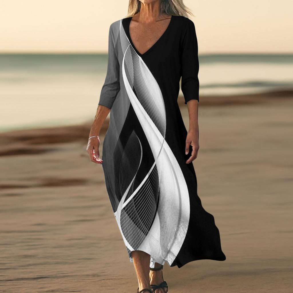 Платья для женщин Винтажный принт Туника с завышенной талией Миди-платье Летнее повседневное Платье с рукавом 3/4