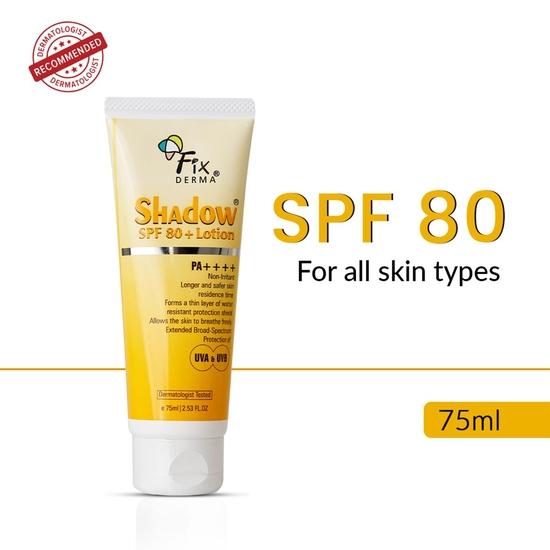 Fixderma Shadow Sunscreen SPF 80+ PA++++ Лосьон | Солнцезащитный крем широкого спектра действия для защиты от UVA и UVB | Нежирный и водостойкий - 75 мл