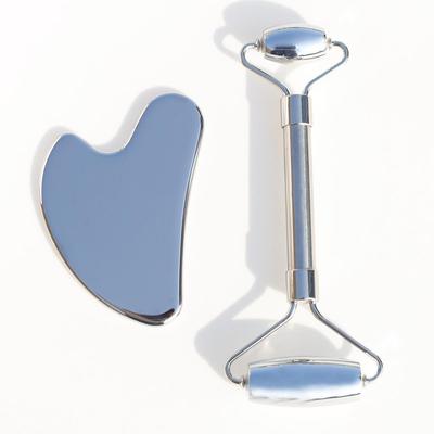 Набор Gua Sha из нержавеющей стали: Скребок для красоты лица и массажный ролик с двумя головками