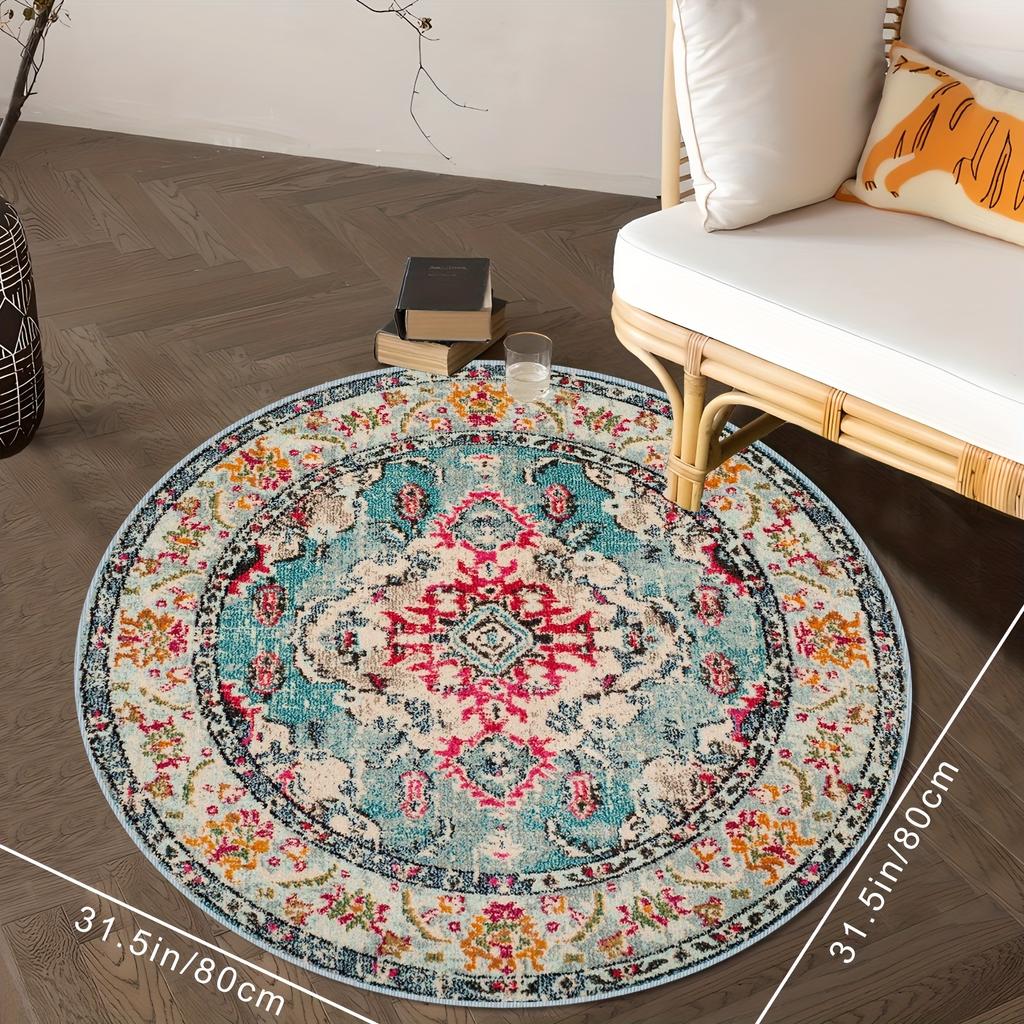 1Pcs  Boho Chic Pattern Round Area Rug Indoor Non-Slip Washable Fiber Carpet Soft Comfortable Mat For Bedroom Living Room