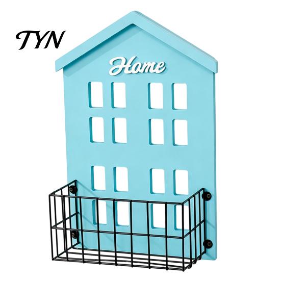 Functional Wall Shelf with Fence for Sundries Wooden House Shape Shelf, Decorative Metal Storage Rack, Creative Mounted Shelves Home Decor Basket