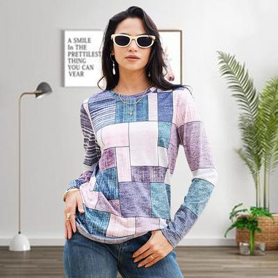 Женские осенние топы с цветным принтом в виде коробки, повседневная футболка с длинным рукавом, топ, блузка