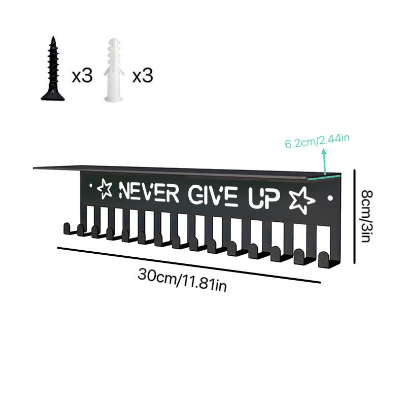 Metal Trophy Display Stand Athletic Award Organizer Never Give Up Theme Wall-Mounted Medal Display Rack Multi-Hook Home Decor