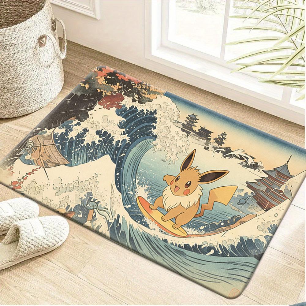 Pokemon Mewtwo Surfing The Great Wave Print Doormat Anti-slip Absorbent Floor Mat for Home Entrance Bedroom Living Room Decor