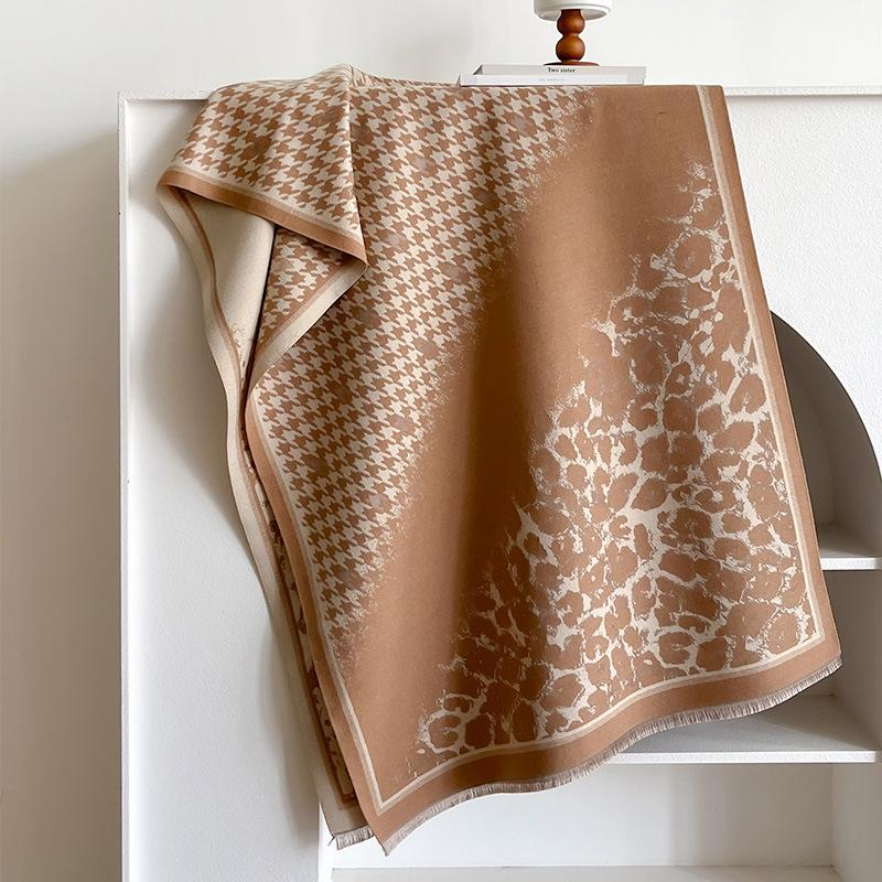 Thousand Bird Grid Stitching Leopard Print Commuting Fashion Elegant Beautiful Imitation Cashmere Thermal Scarf Shawl Cape Women