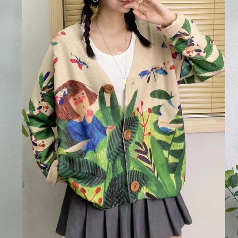 Новые осенние свитера больших размеров, кардиганы, большие размеры, женские узоры, цветочные мультяшные принты, свитера, вязаные свободные свитера